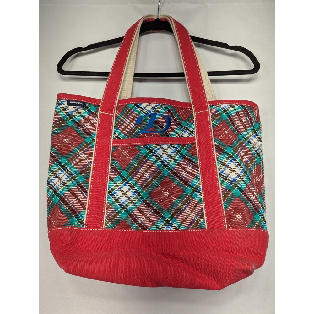 Lands End Red Plaid Canvas Zipper Top Tote Bag Monogram JD Blue‎